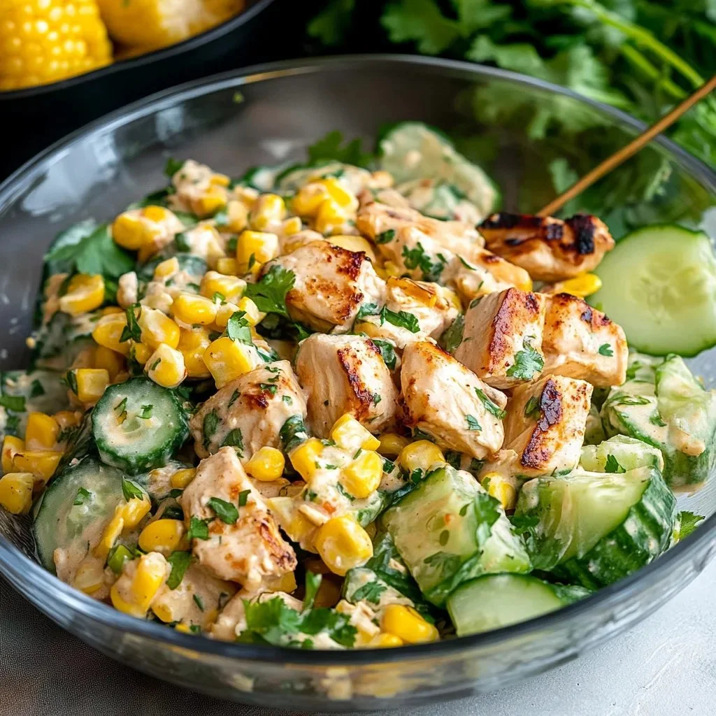 Street Corn Creamy Cucumber Chicken Salad dish with fresh ingredients