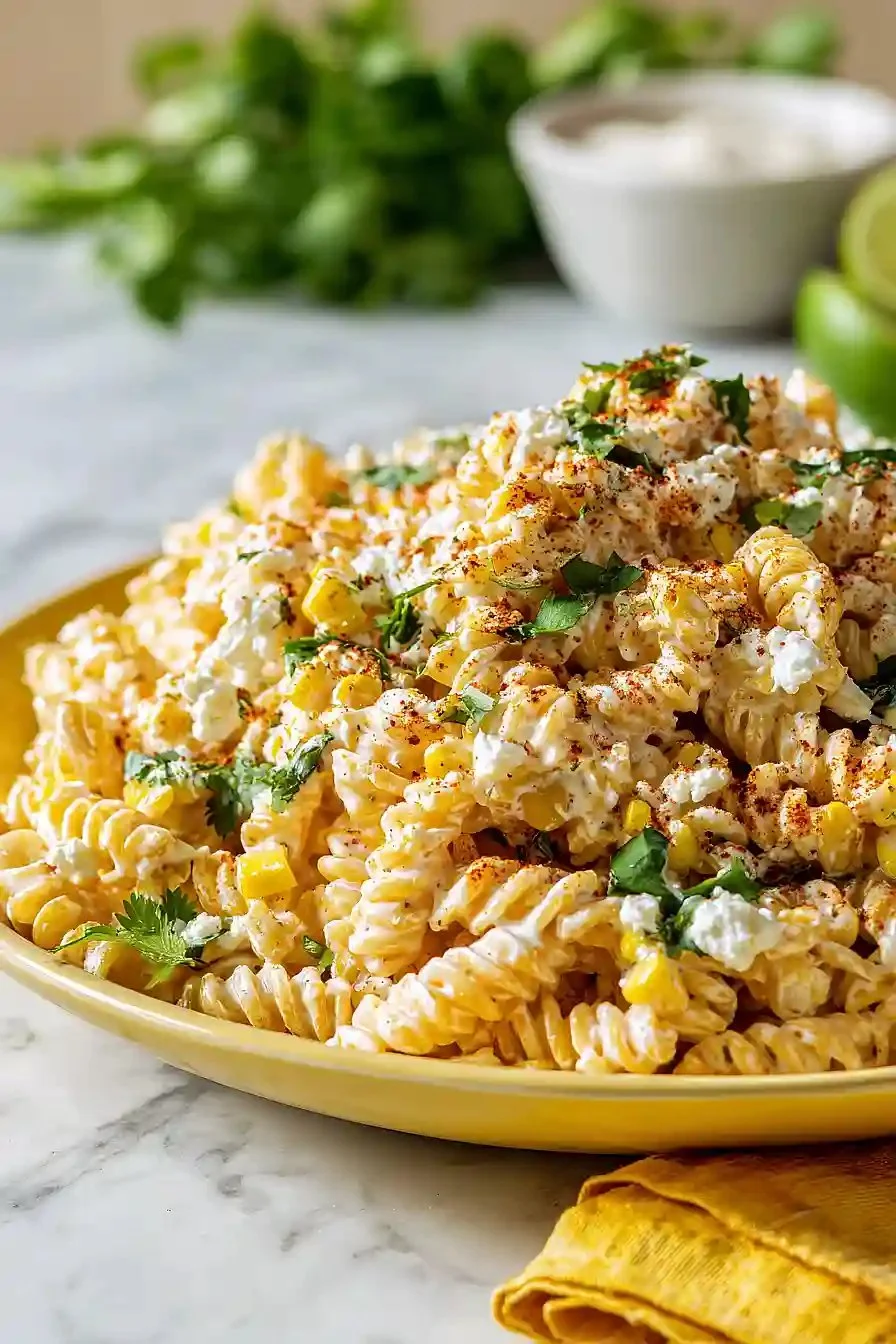Delicious elote pasta salad with Greek yogurt served in a bowl