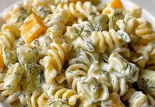 Zesty dill pickle pasta salad served in a bowl for summer gatherings