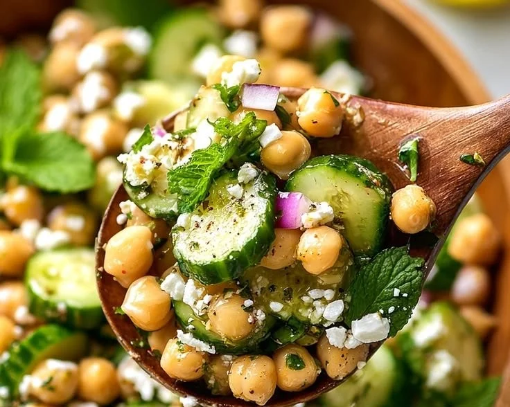 Fresh chickpea cucumber salad served in a bowl with vibrant vegetables.