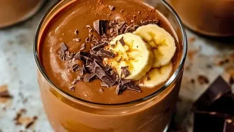 Almond Butter Banana Chocolate Smoothie topped with bananas and cacao nibs