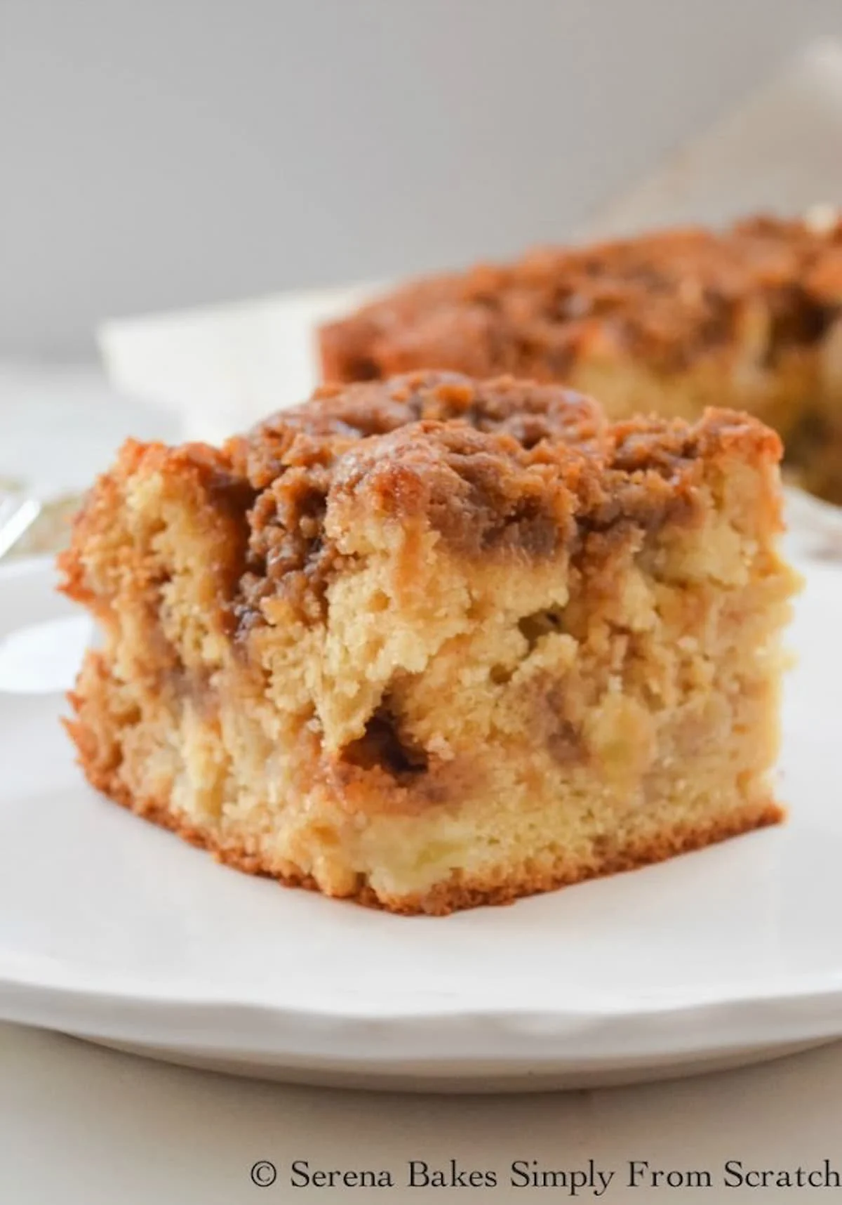 Delicious apple coffee cake topped with cinnamon brown sugar crumb.