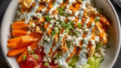 Buffalo Chicken Protein Bowl with fresh vegetables and grains