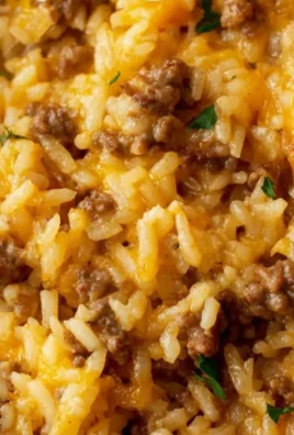 Cheesy ground beef and rice casserole in a baking dish
