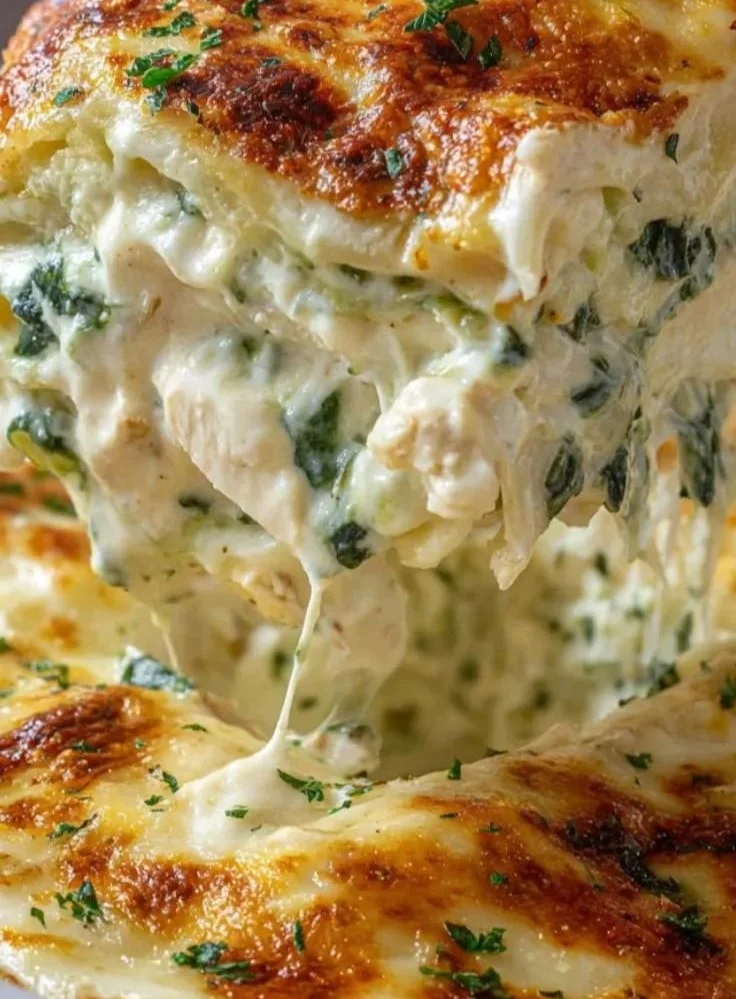 Delicious Chicken Alfredo Lasagna layered with creamy sauce and chicken.