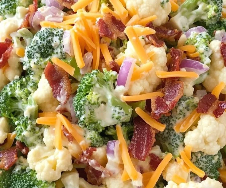 Delicious creamy broccoli cauliflower salad in a serving bowl.