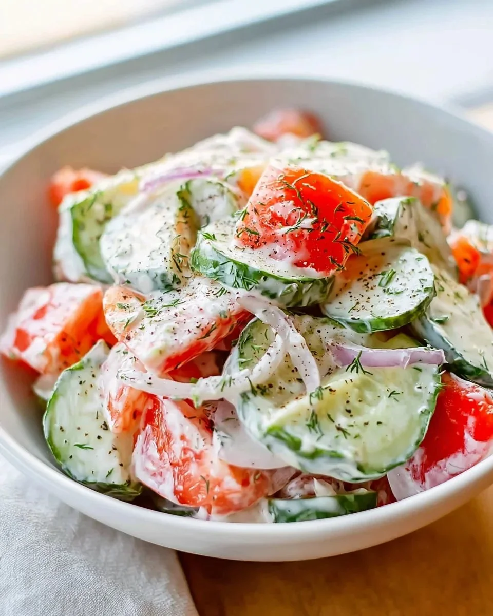 Creamy cucumber tomato salad with fresh ingredients in a bowl