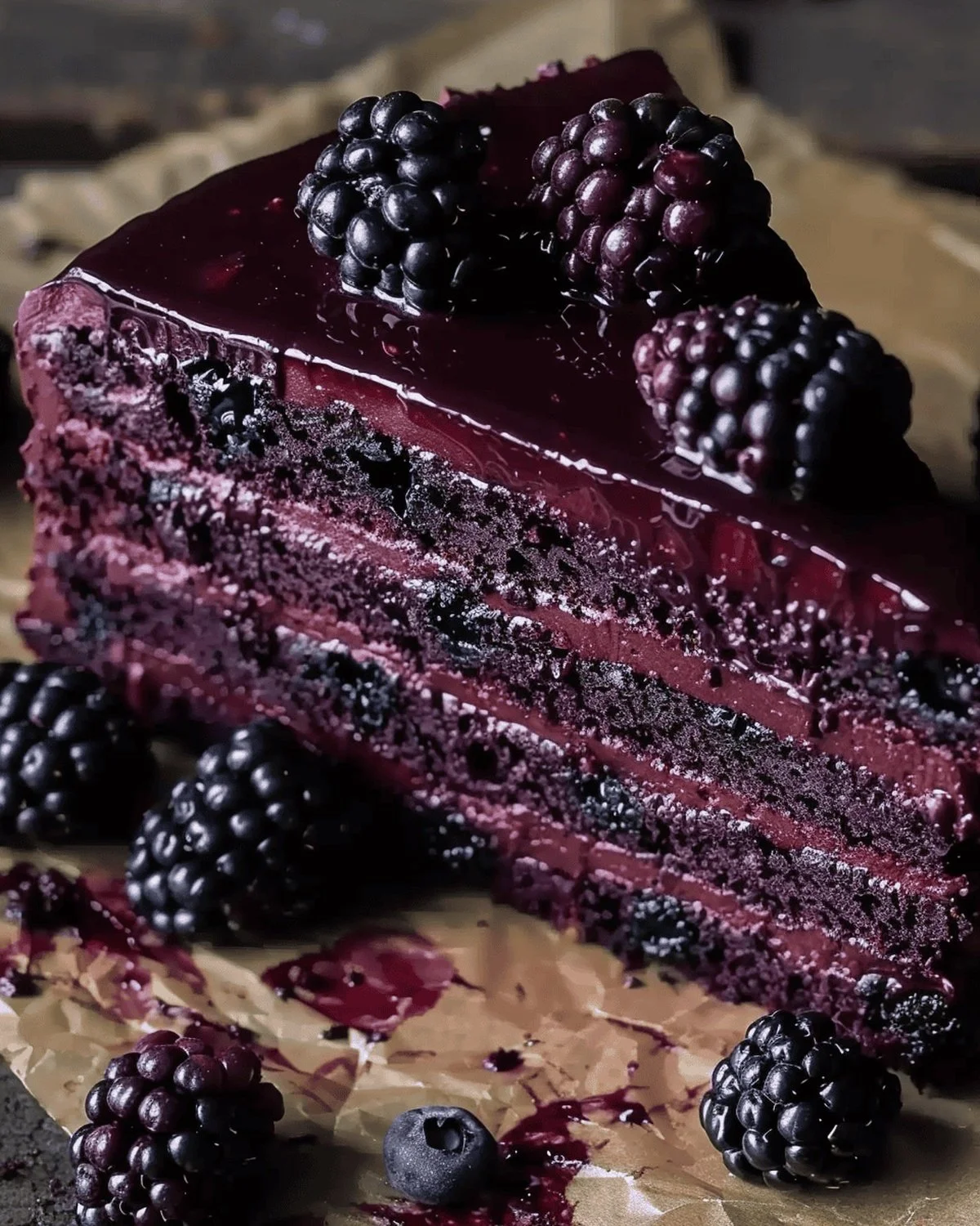 Slice of dark chocolate blackberry cake topped with fresh blackberries and chocolate shavings.