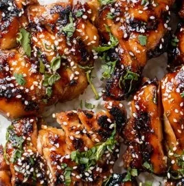 Delicious grilled Asian chicken served with vibrant vegetables and sauce.