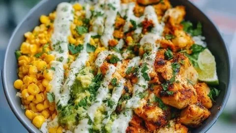 Healthy Street Corn Chicken Bowl with grilled chicken and corn toppings.
