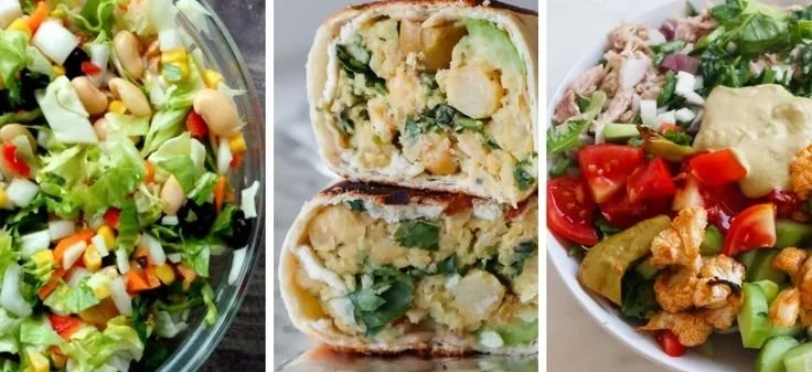 Healthy high-fiber lunch ideas featuring colorful salads and whole grains.