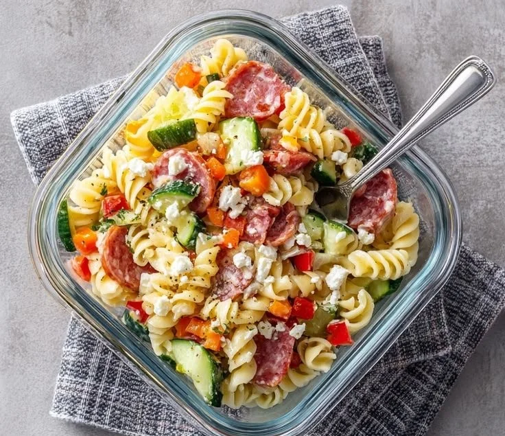 High-Protein Italian Pasta Salad with colorful vegetables and dressing
