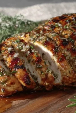 Juicy grilled chicken breast on a grill with seasonings and garnishes.