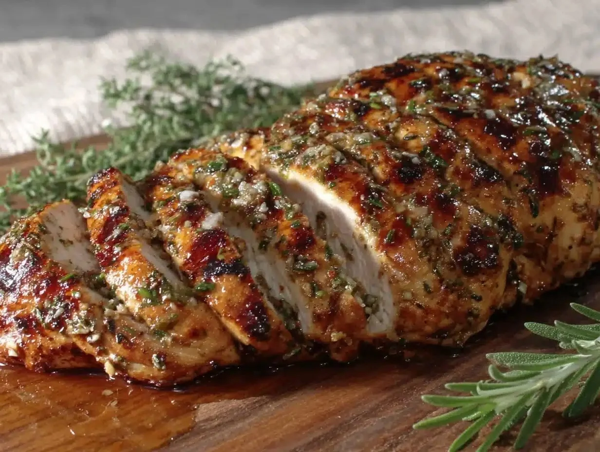 Juicy grilled chicken breast on a grill with seasonings and garnishes.