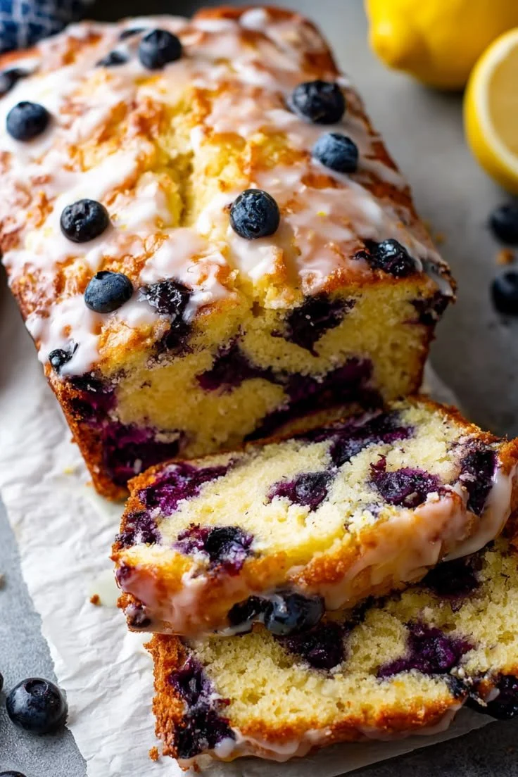 Delicious lemon blueberry loaf cake sliced on a wooden board