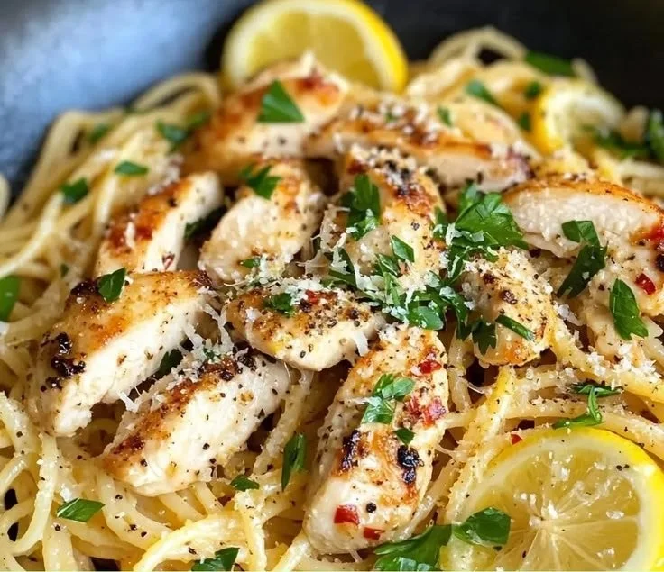 Delicious Lemon Garlic Chicken Pasta served with fresh herbs and lemon slices.