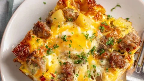 Loaded Baked Egg Casserole with cheese and vegetables