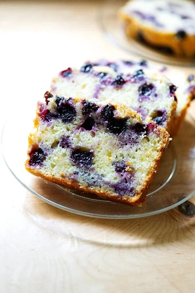 One-bowl lemon-blueberry quick bread freshly baked and sliced