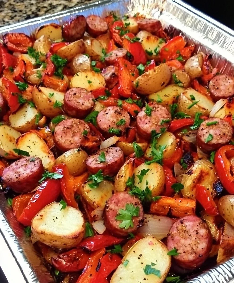 Oven-roasted sausages served with potatoes and colorful peppers on a plate.