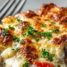 Philly cheesesteak casserole topped with melted cheese and peppers