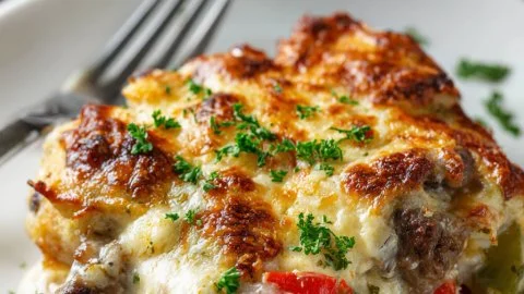 Philly cheesesteak casserole topped with melted cheese and peppers