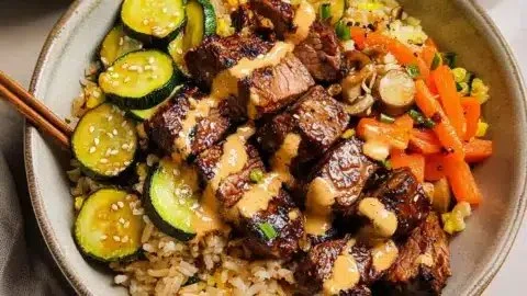 Delicious hibachi steak bowls served on a plate with colorful vegetables