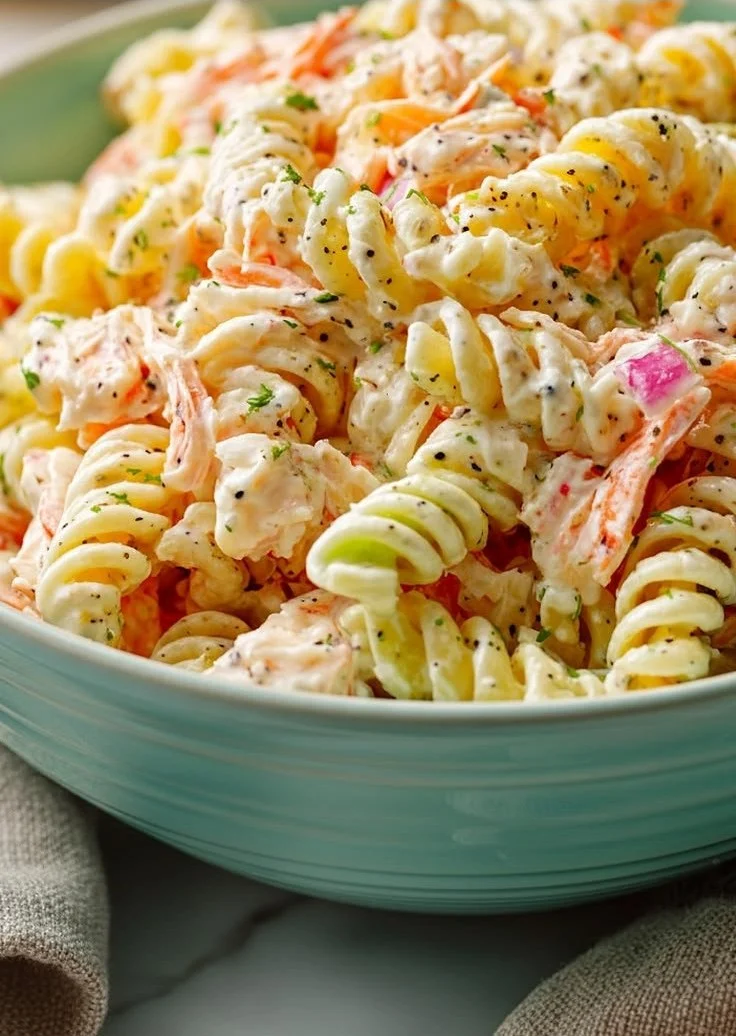 A bowl of simple crab pasta salad with vibrant vegetables and creamy ranch dressing
