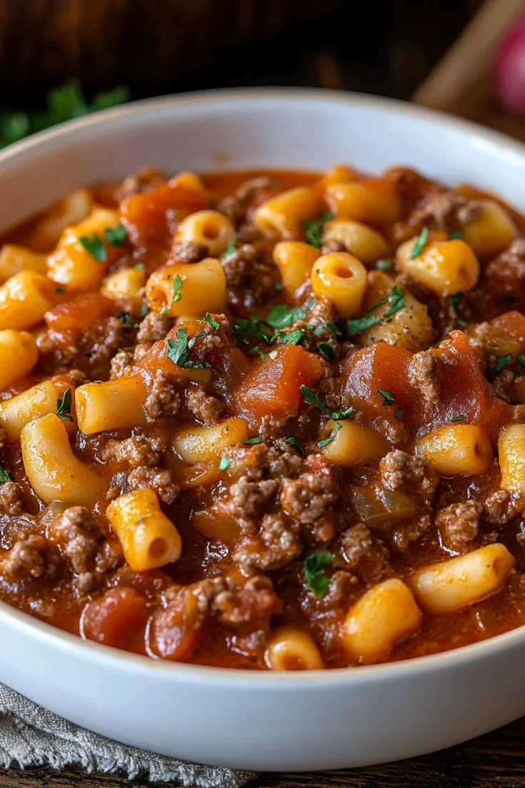 Bowl of Southern style goulash with pasta, meat, and vegetables